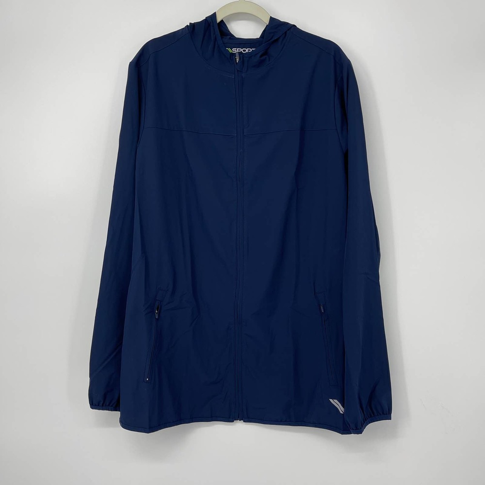 KS SPORT NAVY BLUE LIGHTWEIGHT STRETCH JACKET WITH HOOD SIZE LARGE TALL